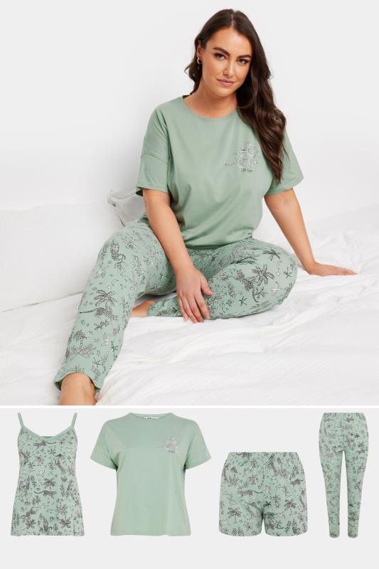 YOURS 4 PACK Plus Size Green Jungle Print Pyjama Set | Yours Clothing 1