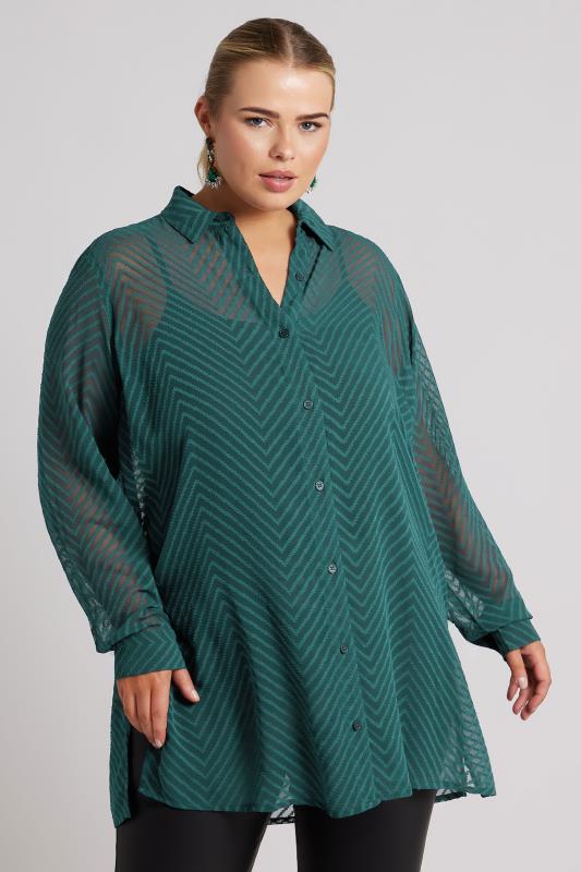 YOURS LONDON Plus Size Green Burnout Chevron Shirt | Yours Clothing  2