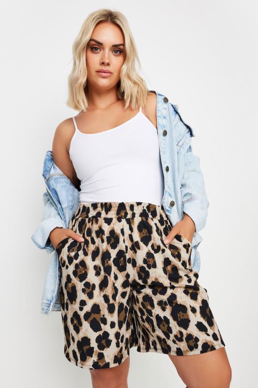 YOURS Plus Size Brown Textured Leopard Print Shorts | Yours Clothing 1