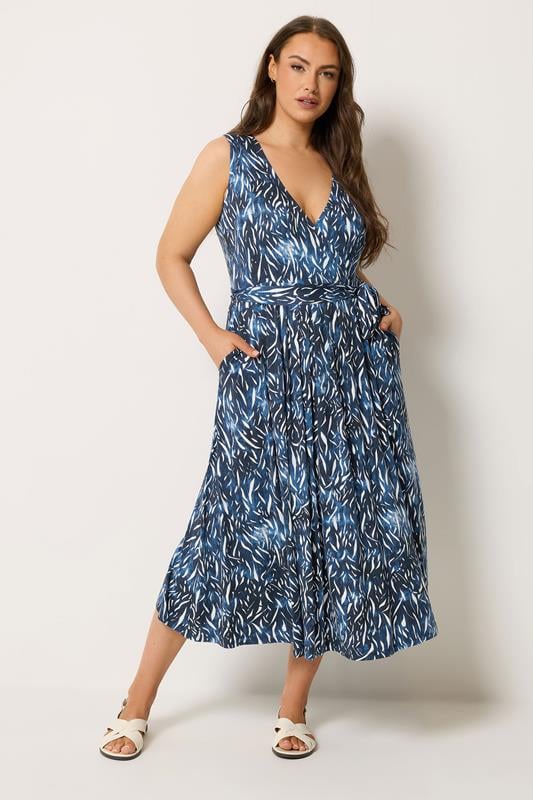  YOURS Curve Navy Blue Abstract Wrap Front Dress