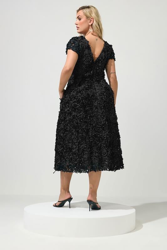 YOURS LONDON Plus Size Black 3D Floral Skater Dress | Yours Clothing 2