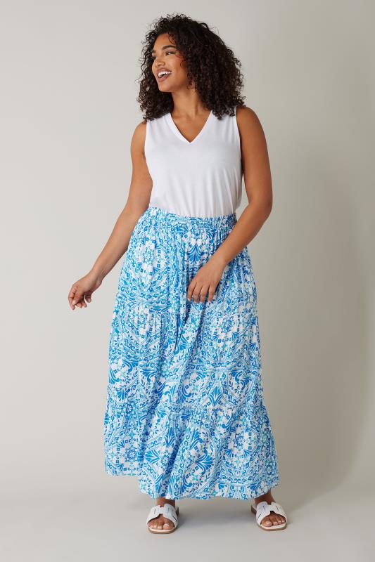 EVANS Plus Size Blue Tile Print Tiered Maxi Skirt | Evans 2