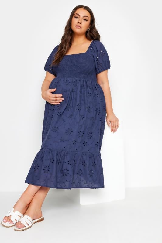 Plus Size  BUMP IT UP MATERNITY Curve Navy Blue Broderie Anglaise Midi Dress