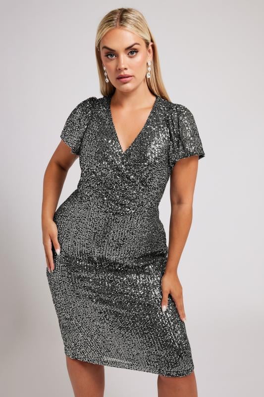 YOURS LONDON Plus Size Silver Sequin Embellished Wrap Dress | Yours Clothing  1