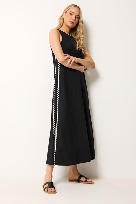 LTS Tall Black Swirl Trim Cotton Sleeveless Midi Dress | Long Tall Sally 1