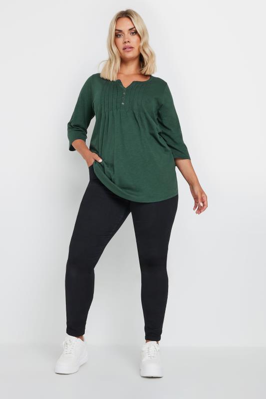 YOURS Plus Size Forest Green Pintuck Henley Top | Yours Clothing 2