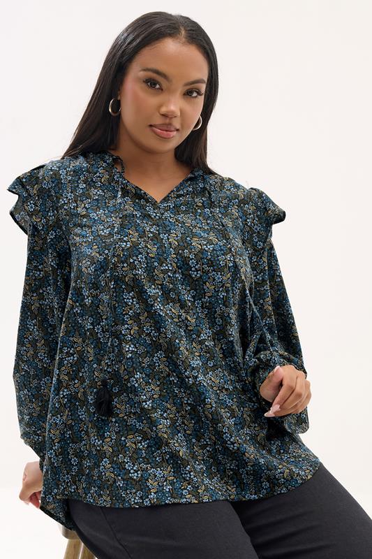 Plus Size  YOURS Curve Blue Ditsy Floral Print Frill Top