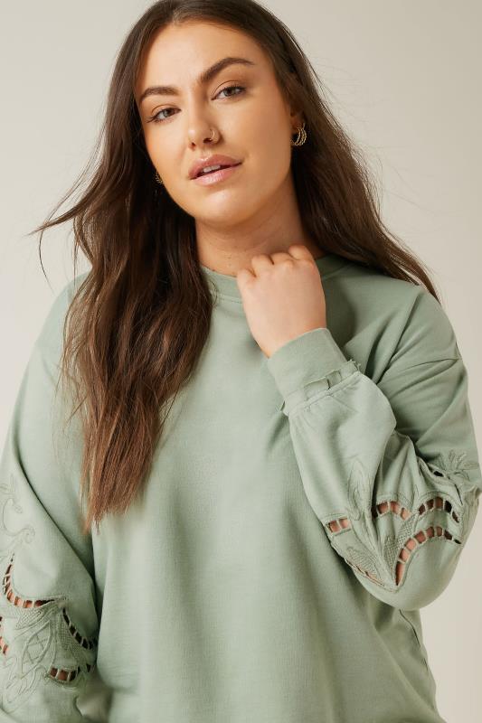 EVANS Plus Size Sage Green Cutwork Crew Neck Sweatshirt | Evans 4