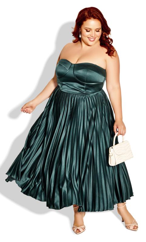 Plus Size  City Chic Forest Green Satin Pleated Maxi Dress