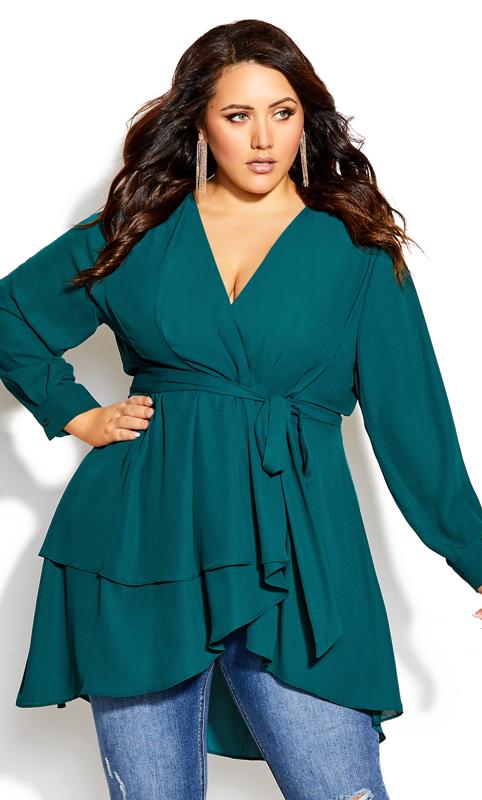 Plus Size  City Chic Teal Green Ruffle Wrap Top