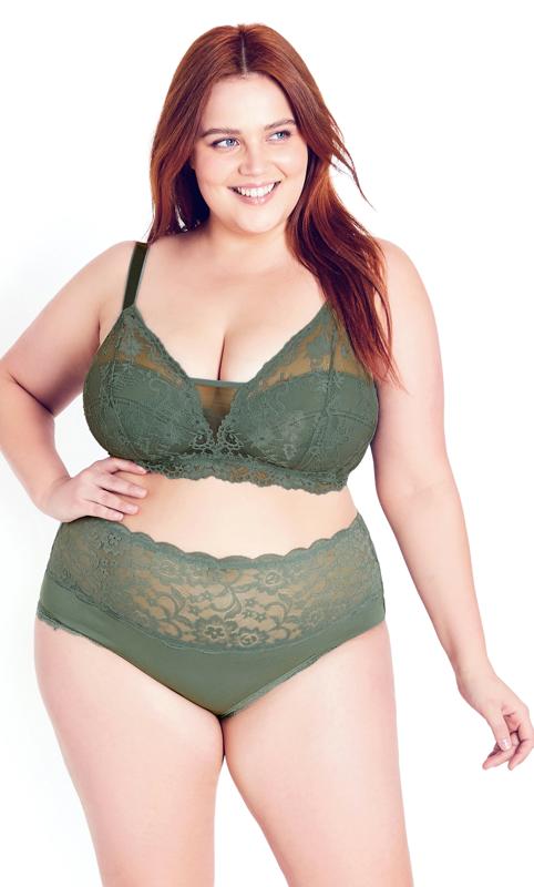 Plus Size  Hips & Curve Green Non-Wired Lace Bra