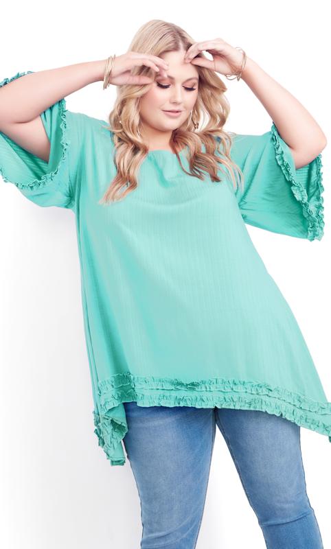 Evans Turquoise Blue Frill Sleeve Oversized Top 1