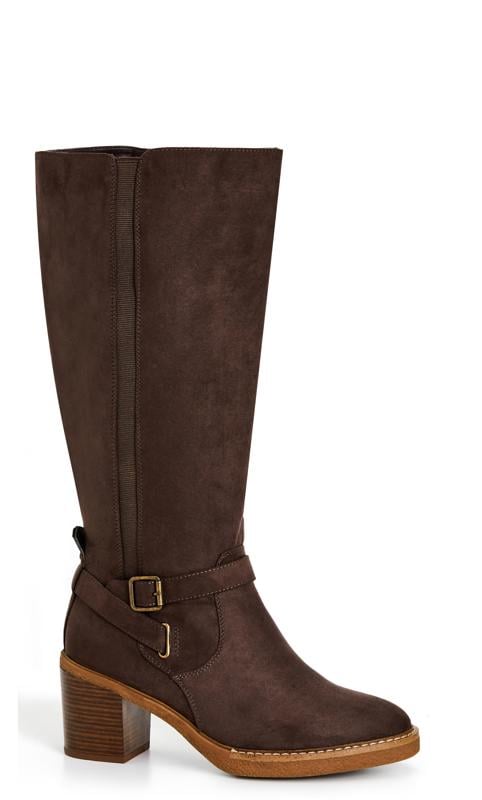 Plus Size  Evans Brown Faux Suede Buckle Detail Knee High Heeled Boots