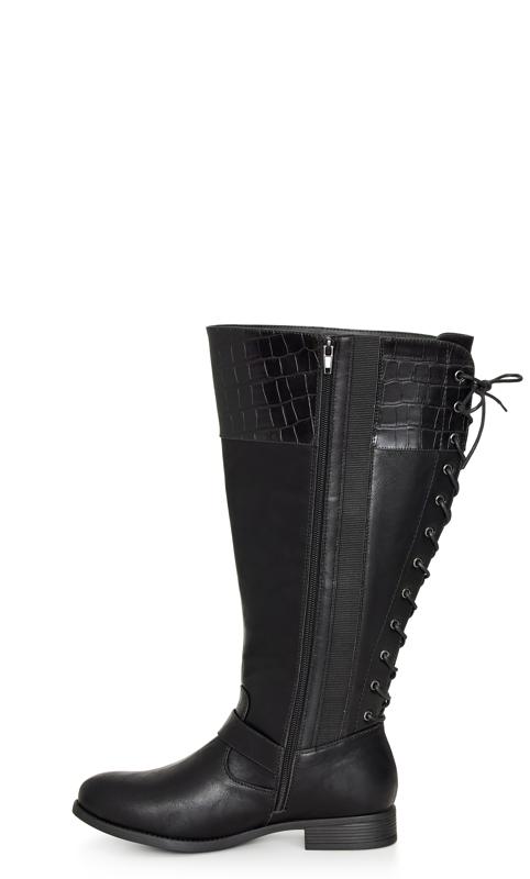 Avenue WIDE FIT Black Croc Effect Knee High Tie Back Boots 4
