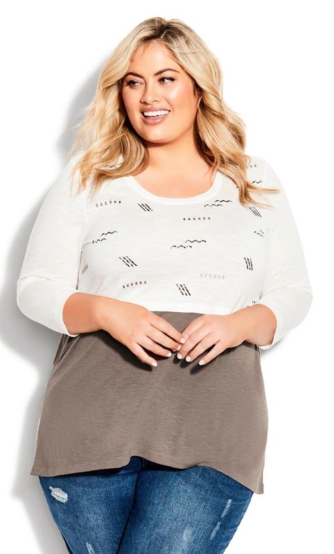 Plus Size  Evans Mocha Brown & Ivory Patterned T-Shirt