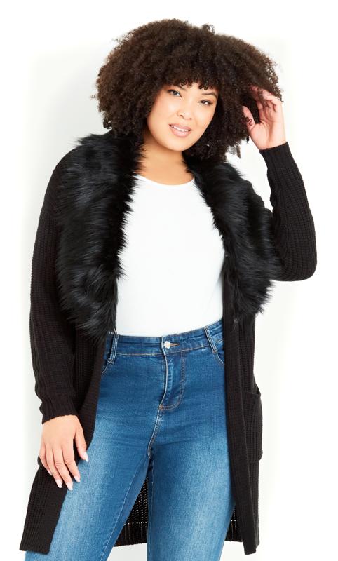 Plus Size  Evans Black Faux Fur Collar Longline Cardigan