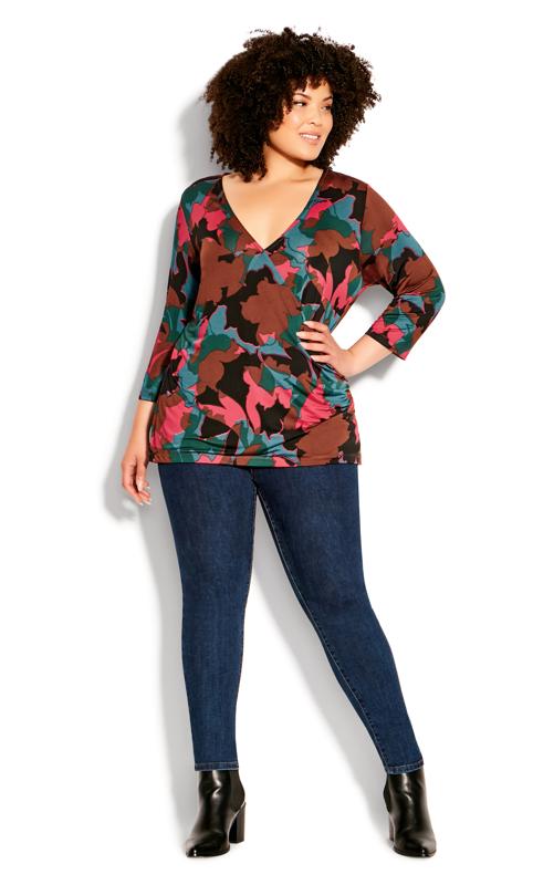 Plus Size  Avenue Brown & Red Floral Wrap Top