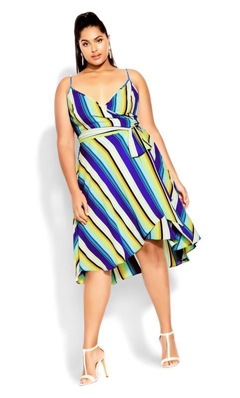 Plus Size  City Chic Yellow & Blue Stripe Print Wrap Midi Dress