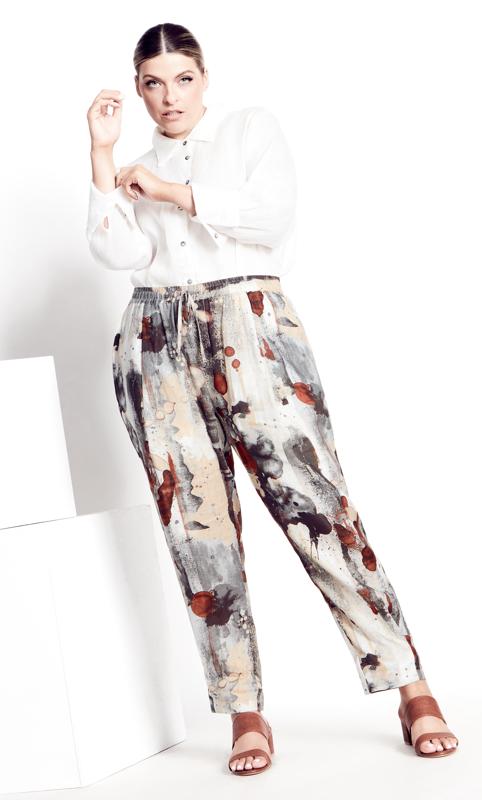 Plus Size  Isolde Roth Cream Linen Print Trousers