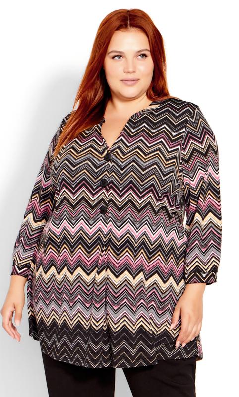 Evans Black Chevron Print Half Placket Tunic Top 2