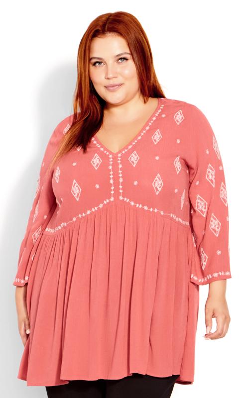 Plus Size  Avenue Pink & White Floral Embroided Tunic Top