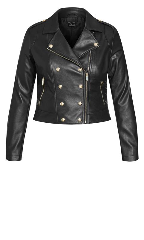 Megan Black Gold Button Asymmetric Lapel Faux Leather Jacket 6