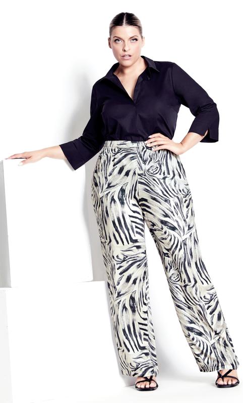 Plus Size  City Chic White & Black Abstract Print Wide Leg Trousers