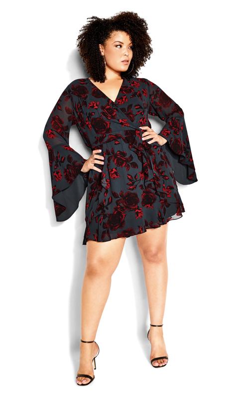 City Chic Black & Red Floral Print Wrap Dress 8