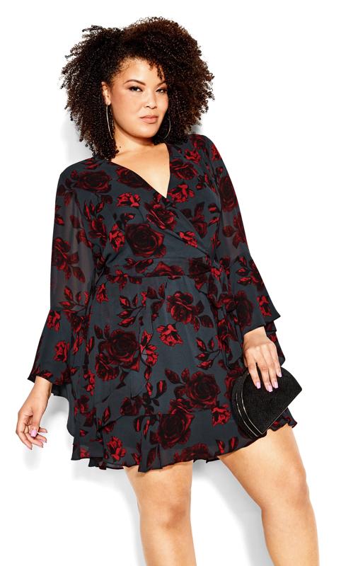City Chic Black & Red Floral Print Wrap Dress 11