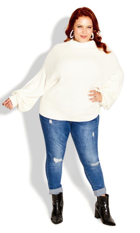 City Chic Ivory White Balloon Sleeve Knitted Jumper | Evans 4
