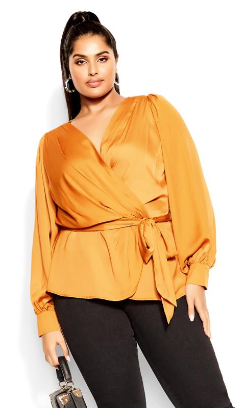 Plus Size  City Chic Orange Satin Long Sleeve Wrap Top