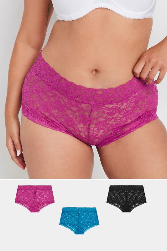 YOURS 3 PACK Plus Size Pink & Blue Lace Mid Rise Shorts | Yours Clothing  1