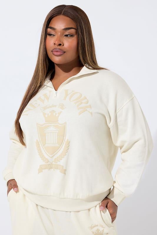 Plus Size  LIMITED COLLECTION Curve Cream 'New York' Quarter Zip Sweatshirt