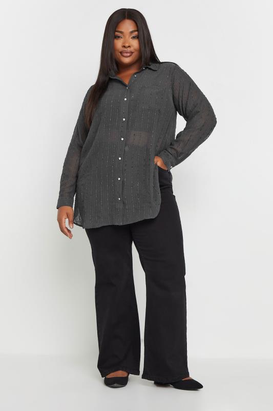 YOURS Plus Size Charcoal Grey Sheer Textured Shirt | Yours Clothing  2