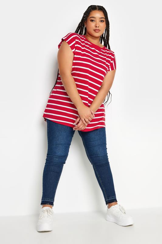 YOURS Plus Size Red Stripe Print Short Sleeve T-Shirt | Yours Clothing 2