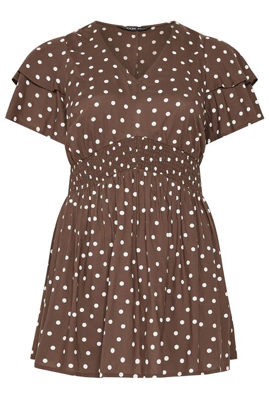 YOURS Plus Size Chocolate Brown Polka Dot Flutter Sleeve Top | Yours Clothing 5