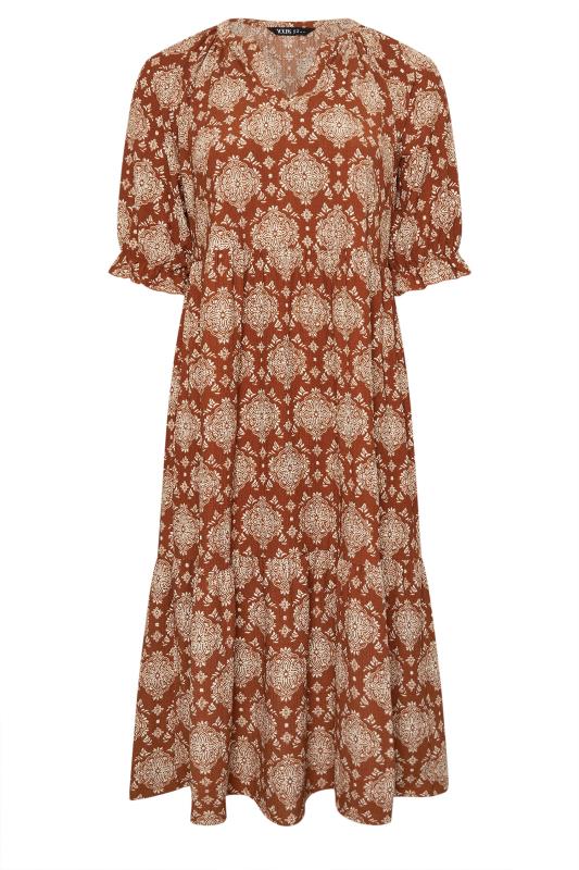 YOURS Plus Size Rust Orange Tile Print Tiered Midi Dress | Yours Clothing 5