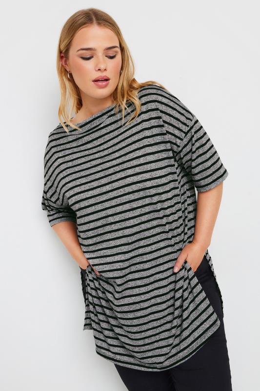 YOURS Plus Size Grey Stripe Oversized Linen T-Shirt | Yours Clothing 1