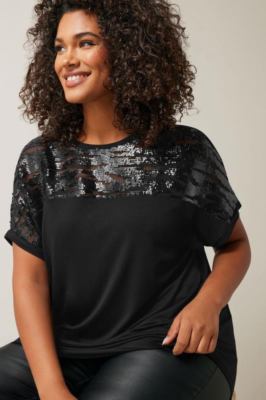 EVANS Plus Size Black Sequin Embellished T-Shirt | Evans 1