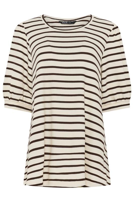 YOURS Plus Size White & Brown Stripe Knitted Puff Sleeve Top | Yours Clothing 5