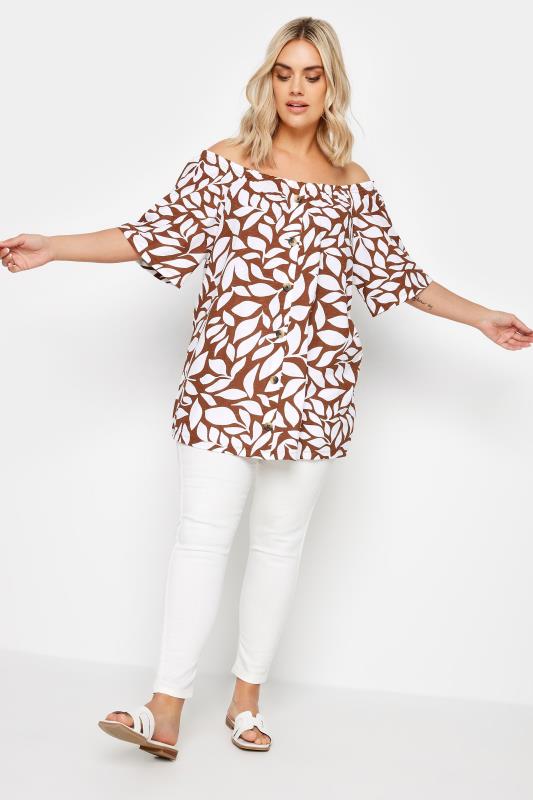 YOURS Plus Size Brown Leaf Print Bardot Top | Yours Clothing 2