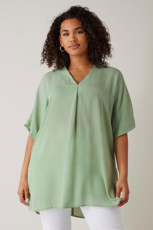 EVANS Plus Size Sage Green Pleat Front Blouse | Evans 1