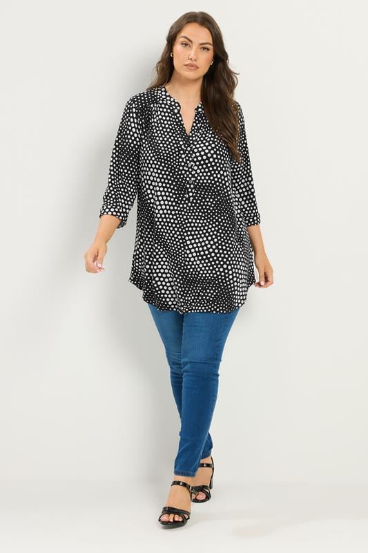 YOURS Plus Size Black Polka Dot Half Placket Shirt | Yours Clothing 1