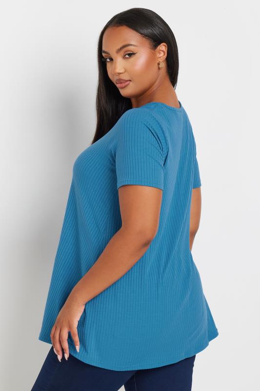 YOURS Plus Size Blue Button Front Ribbed Swing Top | Yours Clothing 3