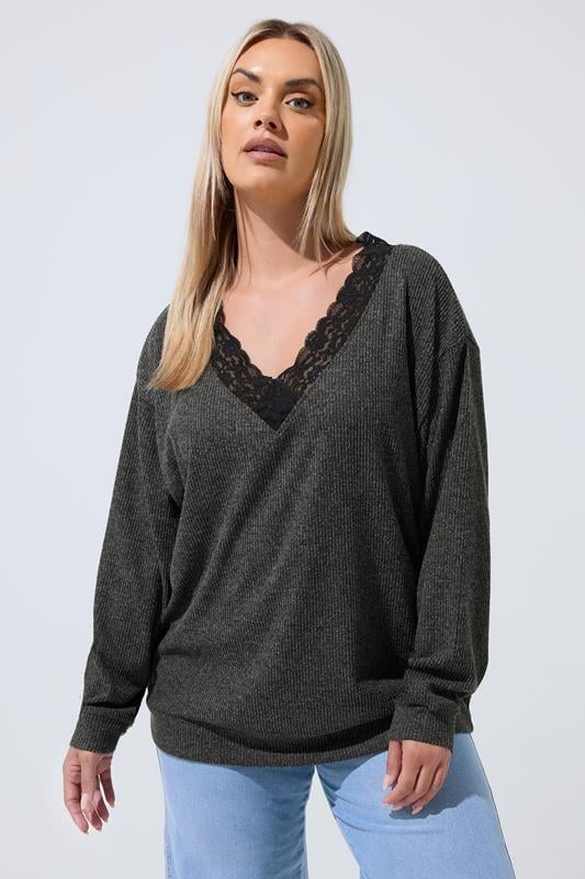  LIMITED COLLECTION Curve Grey Ribbed Lace Trim Top