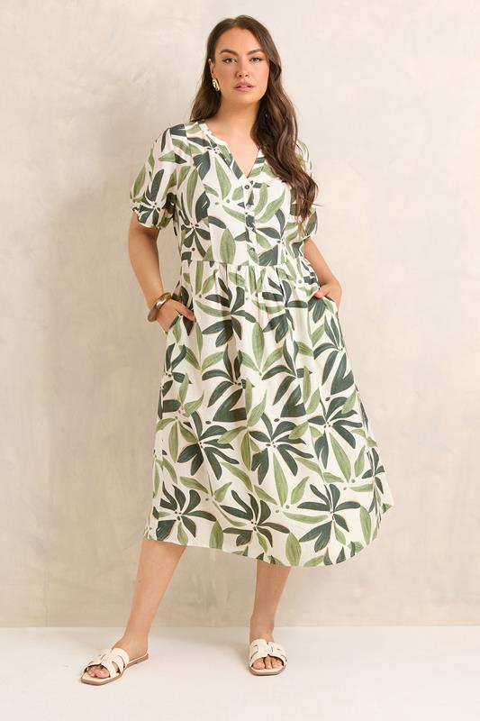 EVANS Plus Size Green Leaf Placket Midi Dress | Evans 2