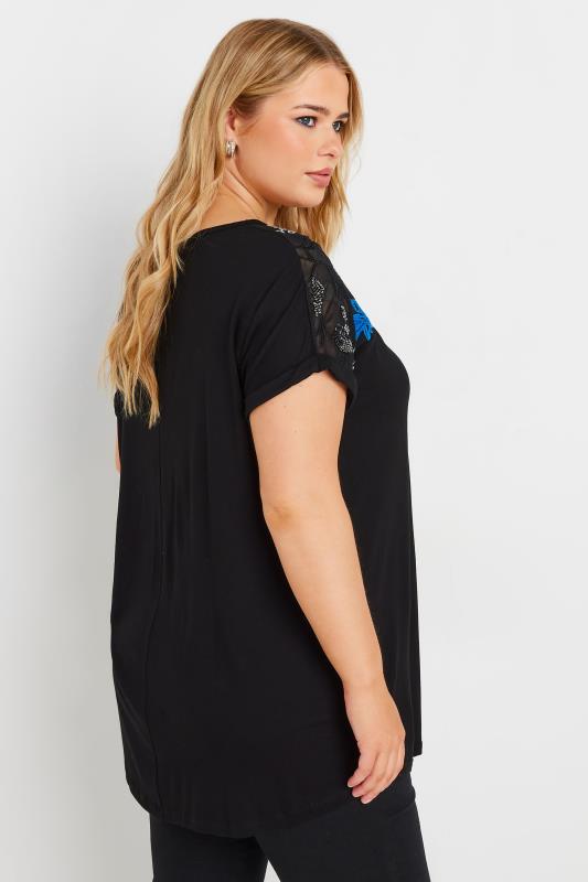 YOURS Plus Size Black & Blue Mesh Embellished Swing Top | Yours Clothing  4