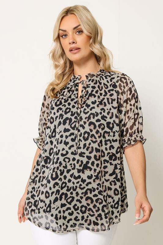 YOURS Plus Size White Leopard Frill Neck Blouse | Yours Clothing 1