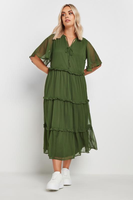 YOURS Plus Size Khaki Green Chiffon Tiered Midaxi Dress | Yours Clothing  2