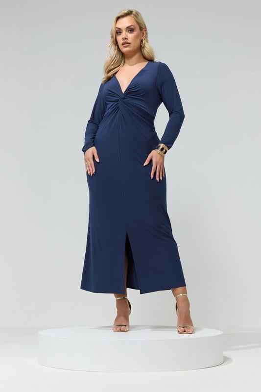  YOURS LONDON Curve Navy Blue Knot Front Maxi Dress